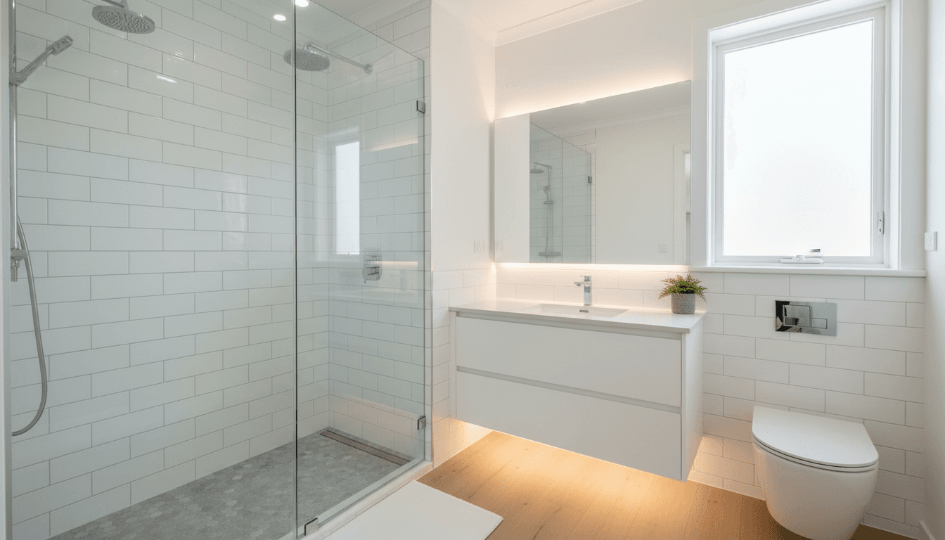 Completed bathroom remodel with glass shower