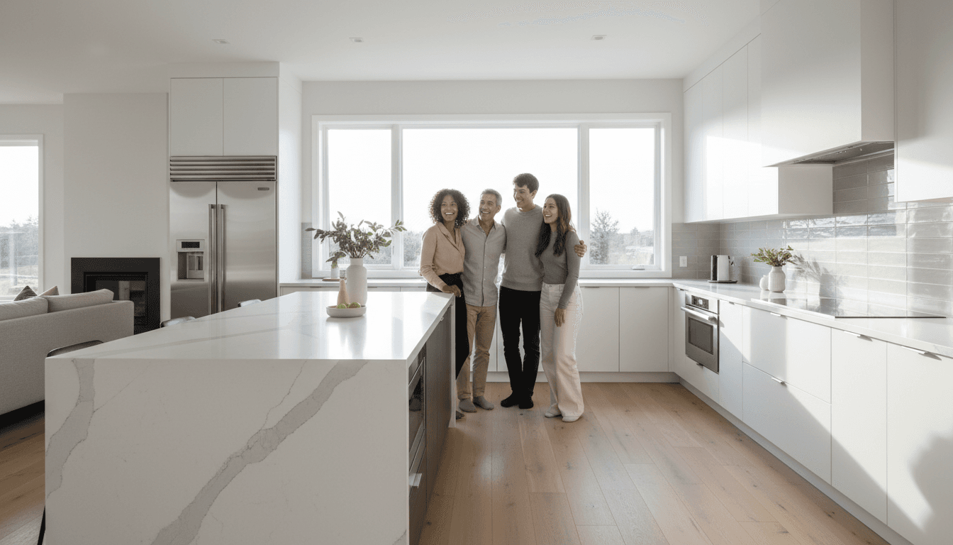 Freshly remodeled kitchen with white cabinets and quartz countertops