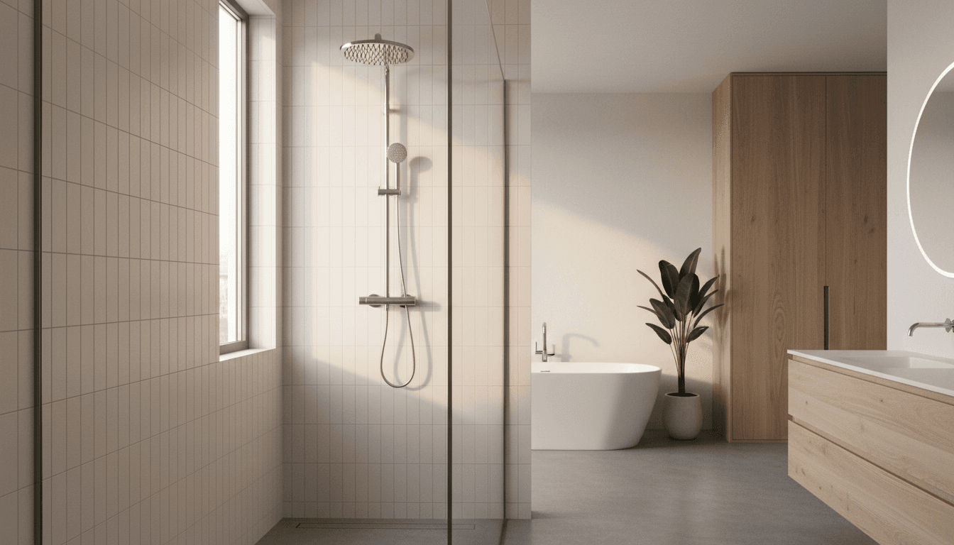 Walk-in shower with glass enclosure and bench seat