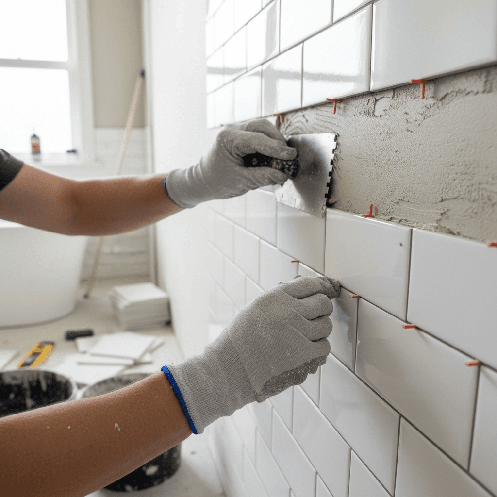 Contractor's hands setting tile on a shower wall