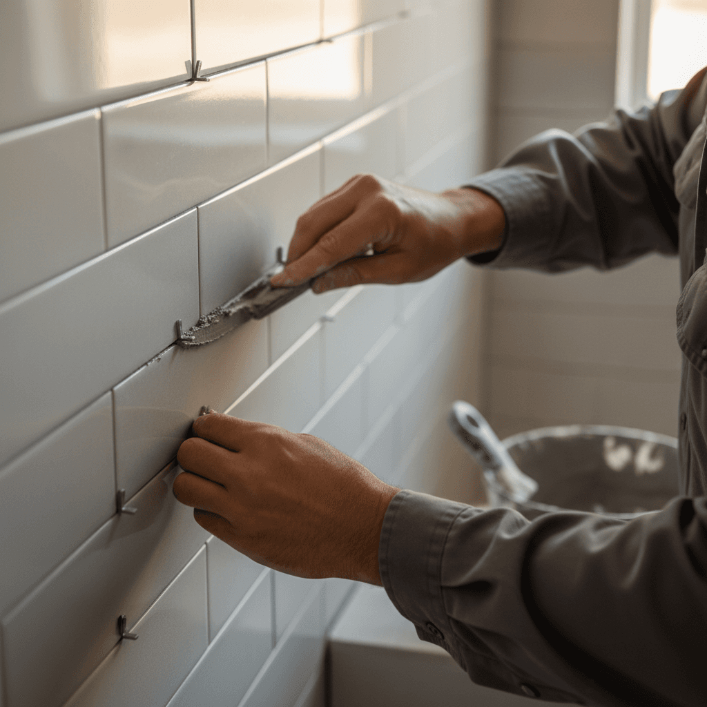 Contractor holding tile sample against bathroom wall during remodel