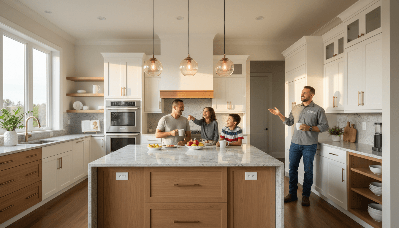 Contractor discussing tile and fixture choices with a homeowner at a kitchen island