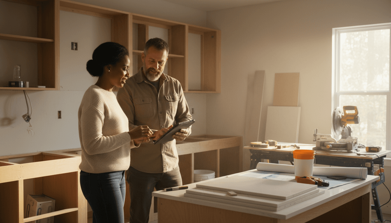 Contractor and homeowner reviewing tile samples together at a table