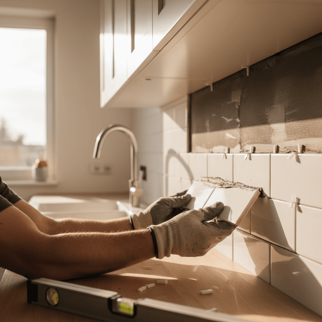 Close-up of hands setting ceramic tile in a bright kitchen
