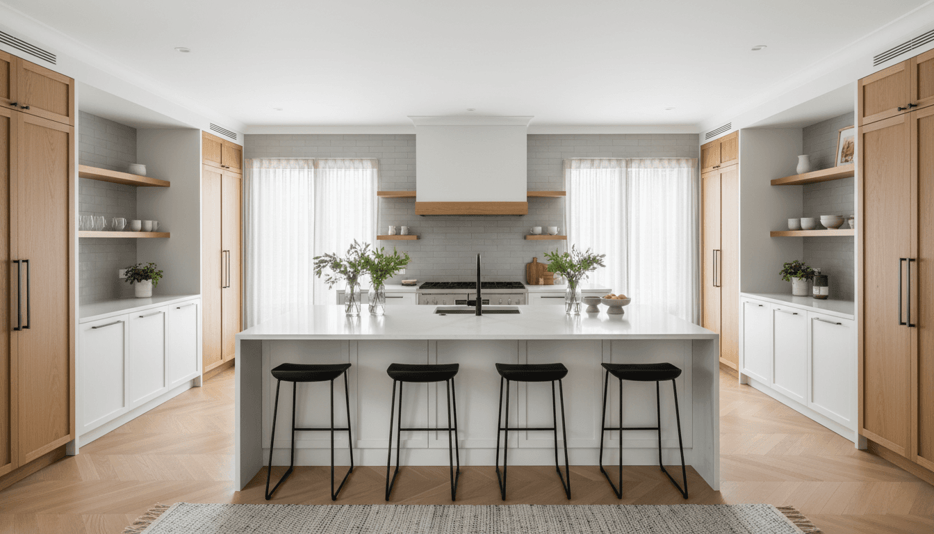 Wide view of a bright newly remodeled kitchen with white cabinets